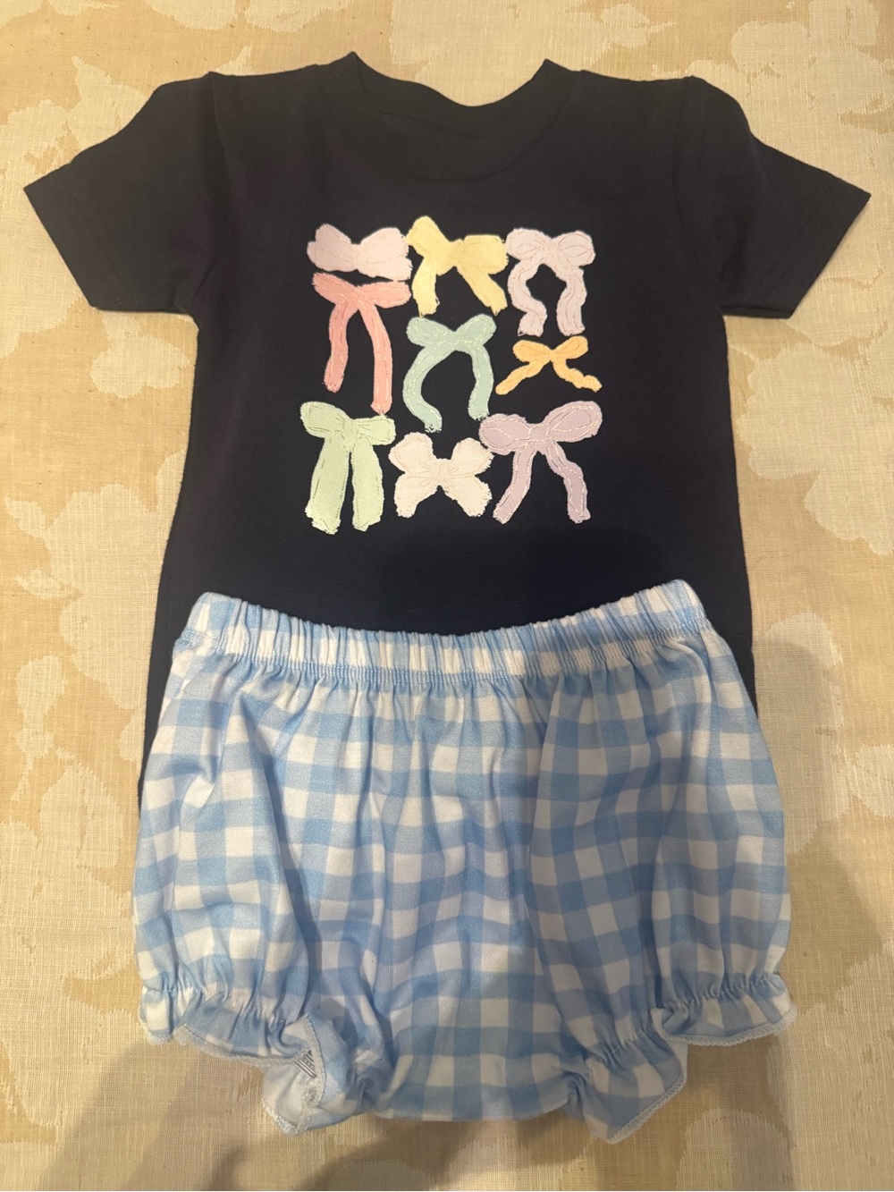 Toddler Two-Piece Bow Tee and Gingham Bloomer Set - Navy & Light Blue